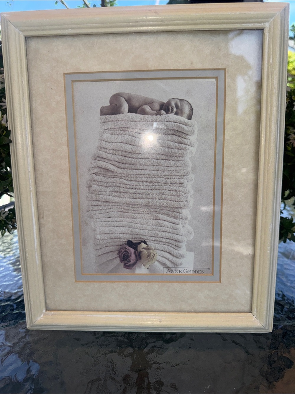 Framed matted Anne Geddes Cream Nursery Art Print - Infant Stacked Towels